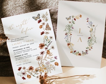 Fall Wildflower Rehearsal Invite Template, Rehearsal Dinner Invitation The Night Before Invite Pressed Flower Invite Editable Template 513-A