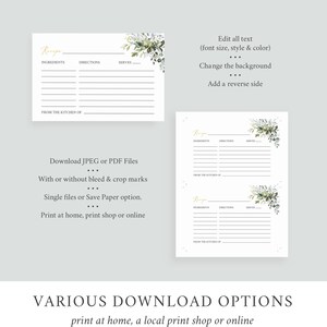 May include: White recipe cards with gold text and floral accents. The cards have sections for ingredients, directions, and servings. Text on the image includes "Edit all text," "Download JPEG or PDF Files," and "Various Download Options."