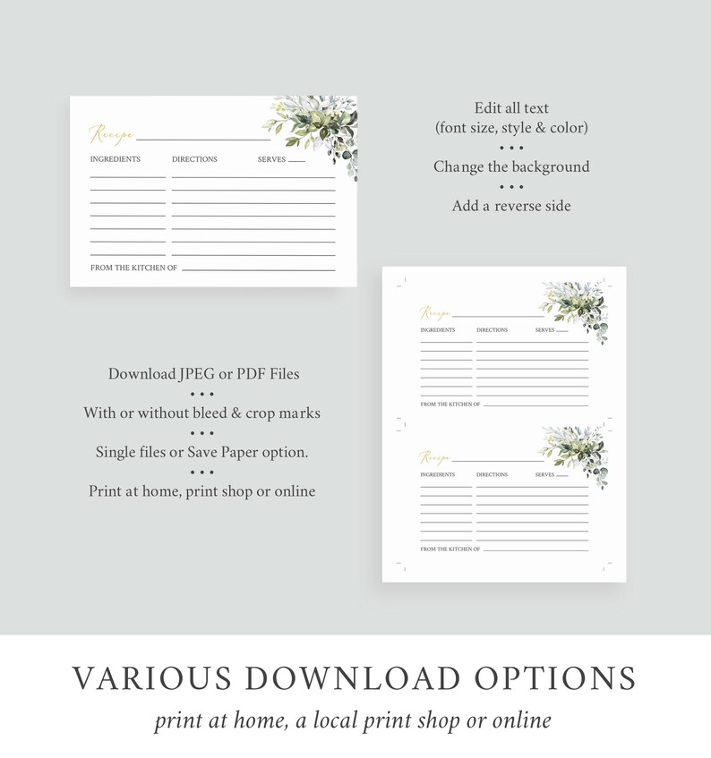 May include: White recipe cards with gold text and floral accents. The cards have sections for ingredients, directions, and servings. Text on the image includes "Edit all text," "Download JPEG or PDF Files," and "Various Download Options."