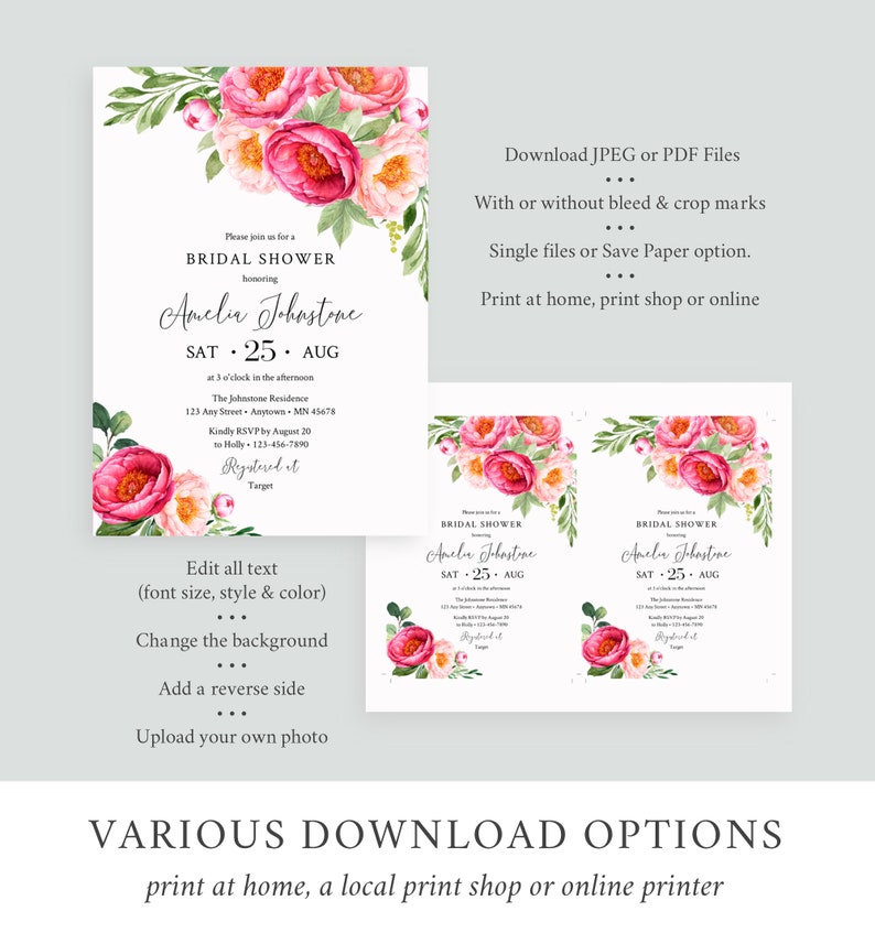 Fuchsia Floral Editable Bridal Shower Invitation Fuchsia Etsy
