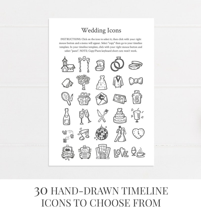 May include: A set of 30 hand-drawn wedding timeline icons. The icons are black and white and include images of a church, archway, rings, bell, bouquet, wedding dress, tuxedo, bow tie, mirror, gift box, envelope, guest list, camera, champagne bottle, champagne flutes, knife and fork, wedding cake, microphone, music notes, disco ball, dancing couple, heart, butterflies, musical note, bus, building, love sign, and a cup of coffee.