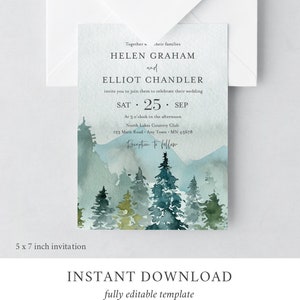 May include: A 5x7 inch wedding invitation with a watercolor background of a forest scene. The invitation is for Helen Graham and Elliot Chandler, and it says "SAT 25 SEP" at 3 o'clock in the afternoon at North Lakes Country Club, 123 Main Road, Any Town, MN 45678. The invitation says "Reception to follow".