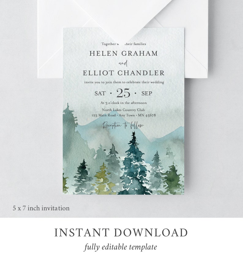 May include: A 5x7 inch wedding invitation with a watercolor background of a forest scene. The invitation is for Helen Graham and Elliot Chandler, and it says "SAT 25 SEP" at 3 o'clock in the afternoon at North Lakes Country Club, 123 Main Road, Any Town, MN 45678. The invitation says "Reception to follow".