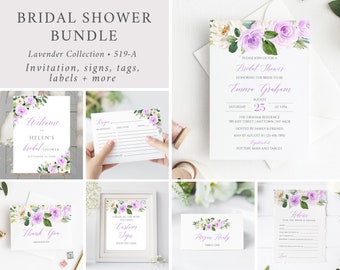 Lavender Bridal Shower Invitation Pack, Bridal Shower Bundle Lilac, Floral Bridal Shower Invitation Set, Signs Decor Editable Template 519-A