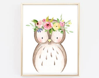 Boho Owl Printable Wall Art, Floral Owl Nursery Art Print, Woodland Animals Nursery Girls Room Art, Girl Decor, Flower Crown, Download 602-A