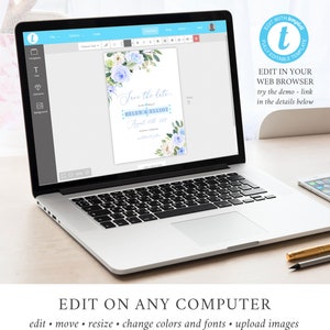 Op de afbeelding: Een laptopcomputer die een blauwe en witte bloemen save the date-kaart weergeeft met de tekst "Save the Date" en "Helen & Elliot" in een blauwe box. De kaart is voor een bruiloft op 22 augustus 2021. De tekst "Edit with Templett" wordt weergegeven in de rechterbovenhoek van de afbeelding.