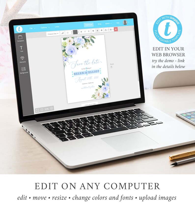 Op de afbeelding: Een laptopcomputer die een blauwe en witte bloemen save the date-kaart weergeeft met de tekst "Save the Date" en "Helen & Elliot" in een blauwe box. De kaart is voor een bruiloft op 22 augustus 2021. De tekst "Edit with Templett" wordt weergegeven in de rechterbovenhoek van de afbeelding.