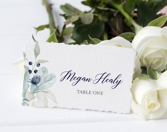 Winter Wedding Name Cards, Navy Silver Floral Place Card Editable Winter Seating Cards, Wedding Place Card Template, Foliage Name Card 544-A