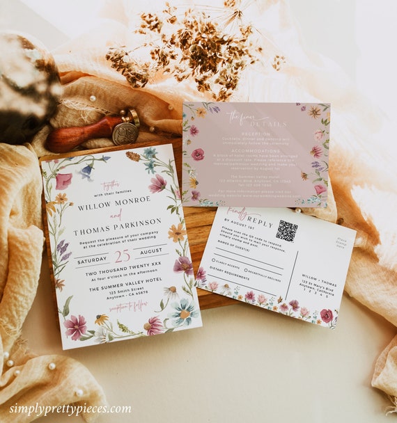 Wildflower Wedding Invitation Set, Garden Wedding Invitation Suite, Blush Boho Invite, Spring Wedding, QR Code RSVP, Editable Template 595-A