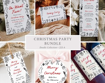 Printable Christmas Lunch Bundle, Hand Drawn Christmas Party Bundle Holiday Party Pack, Doodle Holiday Dinner Kit, Editable Template, 222-A