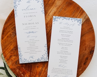 Editable Blue Toile Wedding Ceremony Program Template, Chinoiserie Order of Service, Printable Wedding Program, 523-A