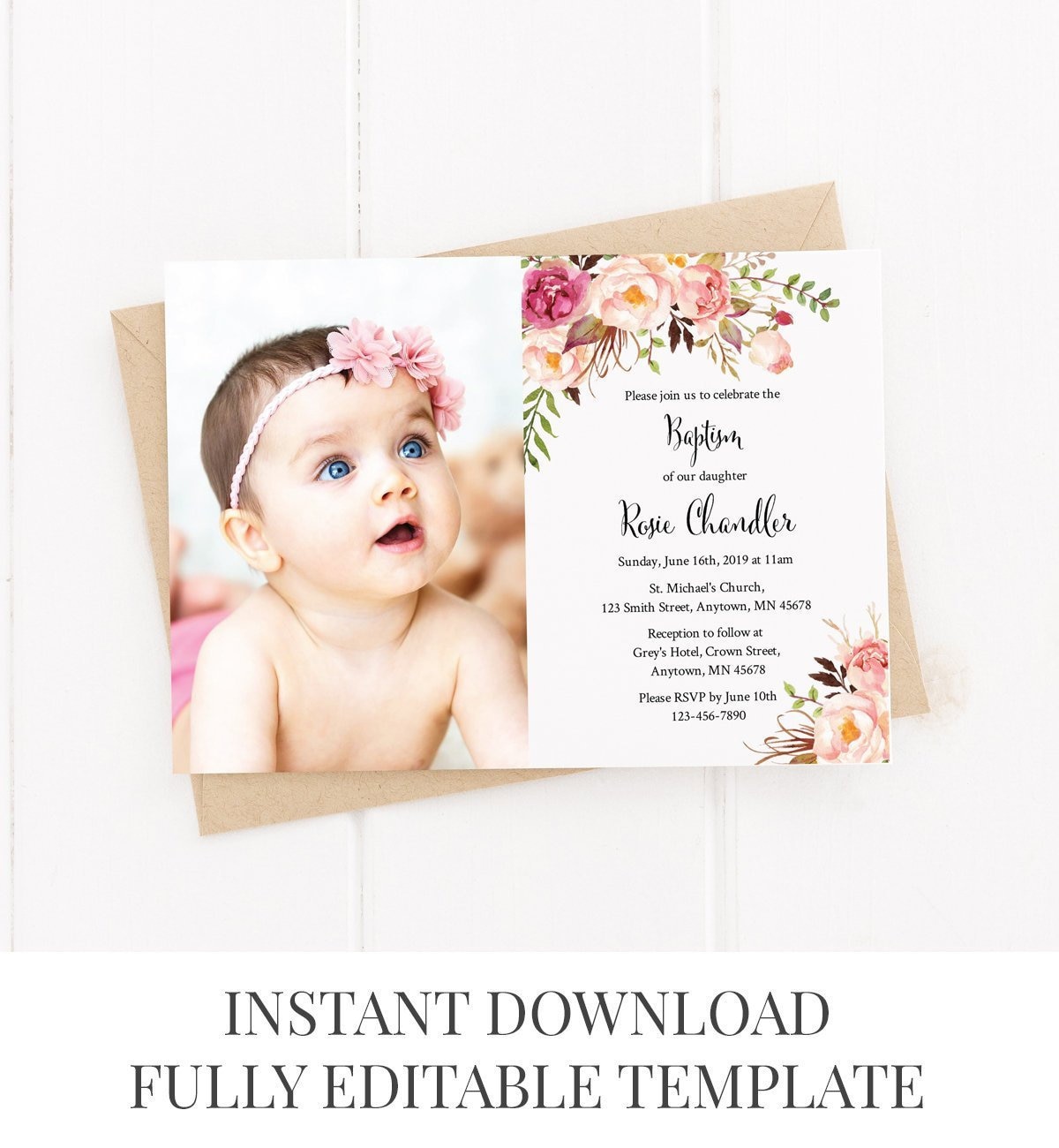 Printable Photo Boho Baptism Invite, Editable Floral Baptism Invitation Template, Girl