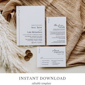 May include: A wedding invitation suite with a white background and black text. The invitation includes the names Avery Taylor and Luke Richardson, the date and time of the wedding, and the location. The RSVP card includes a response deadline of August 1, 2024.