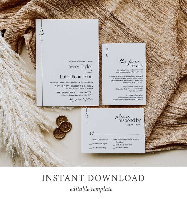 May include: A wedding invitation suite with a white background and black text. The invitation includes the names Avery Taylor and Luke Richardson, the date and time of the wedding, and the location. The RSVP card includes a response deadline of August 1, 2024.