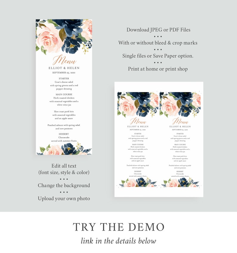 May include: A printable wedding menu template with a floral design featuring pink and blue flowers. The text reads "Menu Elliot & Helen September 25, 2023".