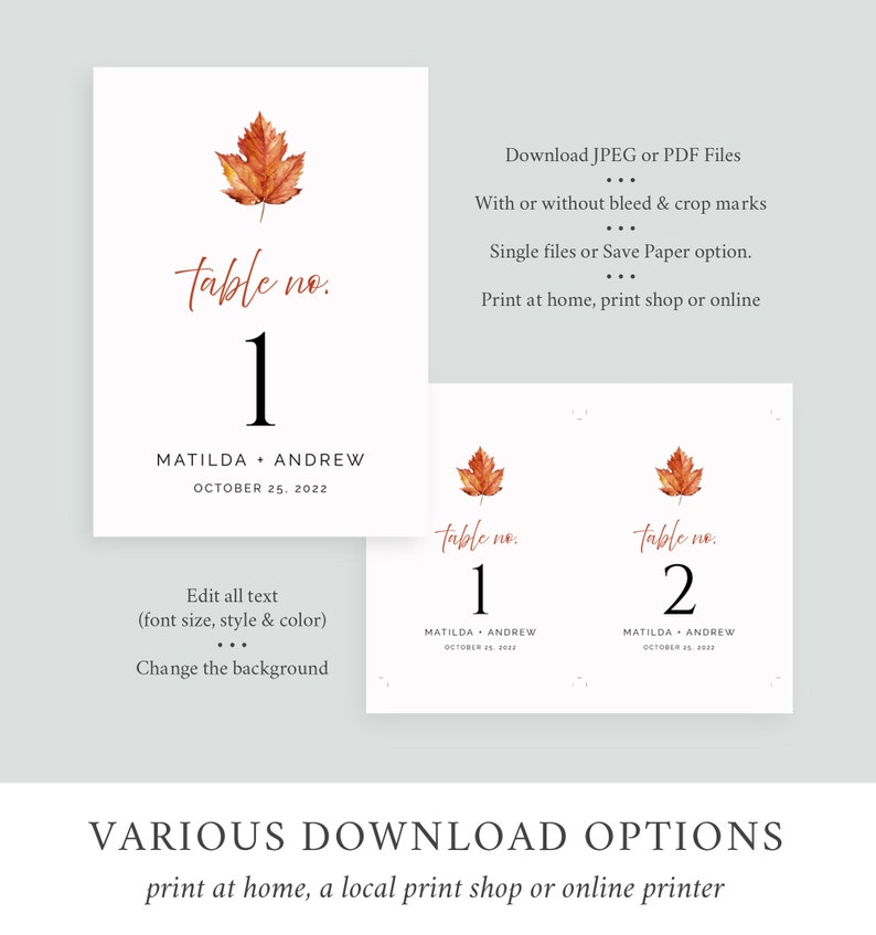Maple Leaf Editable Table Numbers, Printable Fall Modern Wedding ...