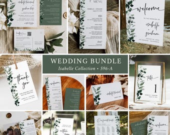 Botanical Wedding Set, Greenery Wedding Bundle, Leaves Wedding Invitation Set, Wedding Kit, Wedding Stationery Set, Editable Template 596-A