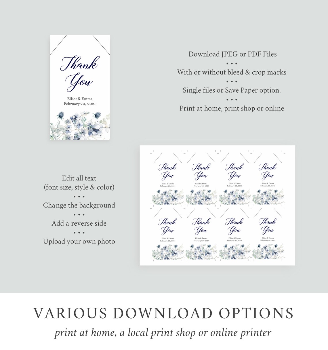Navy Silver Gray Floral Editable Tags Printable Winter Favor | Etsy