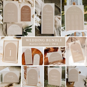 Taupe Wedding Bundle, Boho Wedding Set, Arch Wedding Invitation Set, Arched Wedding Kit, Tan Wedding Stationery Set, Editable Template 598-A