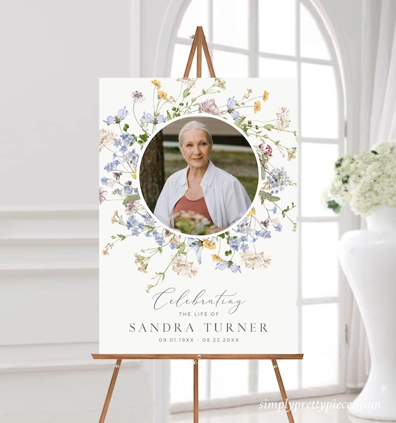 Wildflower Funeral Welcome Sign Woman, Memorial Poster, Celebration of Life Sign, Printable In Loving Memory Editable Sign Template 504-A