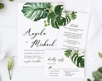 Editable Tropical Greenery Wedding Invitation Suite, Monstera RSVP Details, Tropical Foliage Palms Printable Template Instant Download 550-A