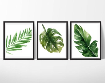 Tropical Leaves Printable Art, Botanical Watercolor Home Decor, Palm Leaves Wall Art, Plant Art Gift, Leaf Print, Set of 3, Instant Download