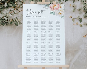 Blush Floral Seating Chart, Modern Peony Table Plan, Peony Wedding Seating Chart, Garden Wedding Seating Chart, Boho Editable Template 507-A