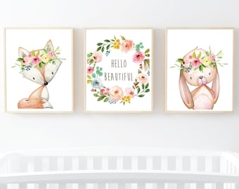 Hello Beautiful Woodland Animals Boho Printable Nursery Art, Forest Animals, Floral Nursery Art, Fox Rabbit Set of 3, Instant Download 602-A