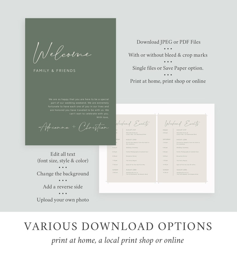 Sage Green Modern Editable Welcome Bag Letter Itinerary, Minimal Wedding Timeline, Printable Order of Events Template Instant Download 580-A image 5
