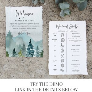 May include: A watercolor illustration of a mountain range with a forest in the foreground. The text "Welcome Family & Friends" is at the top of the card. The text "Helen & Tom" is at the bottom of the card. The card also includes a schedule of events for a wedding weekend.