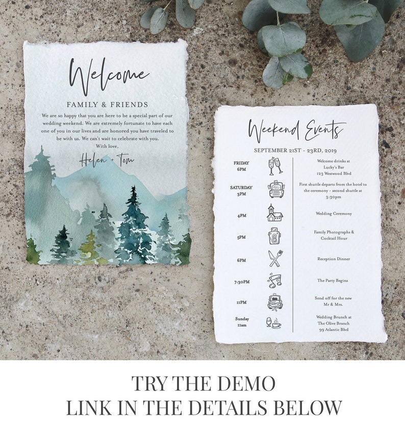 May include: A watercolor illustration of a mountain range with a forest in the foreground. The text "Welcome Family & Friends" is at the top of the card. The text "Helen & Tom" is at the bottom of the card. The card also includes a schedule of events for a wedding weekend.