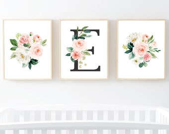 Blush Grey Floral Monogram Boho Printable Wall Art, Personalised Floral Monogram Nursery Art, Pink Greenery Flowers, Set of 3 Download 614-A