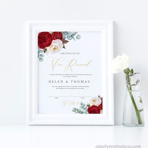 Gold Burgunder Floral Bearbeitbares Gelübde-Erneuerungszertifikat, Heiratsurkunde DIY-Vorlage zum Ausdrucken, Erneuerung des Eheversprechens, sofortiger Download 539-A