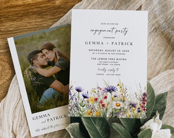 Floral Engagement Invite Template, Bright Wildflower Engagement Party Invitation with Photo, We're Engaged, Flowers Editable Template, 510-A