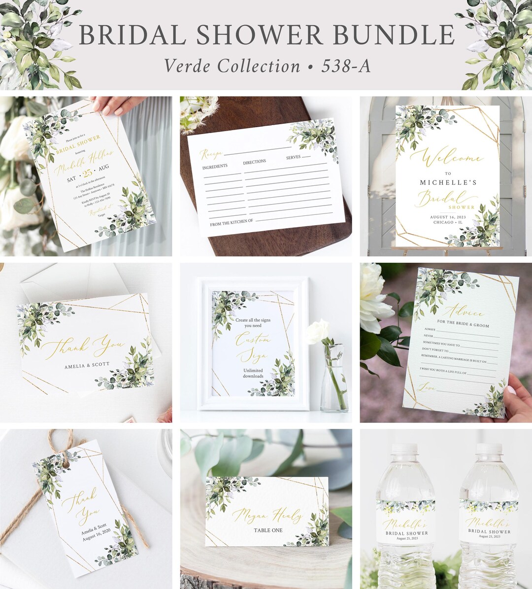 は、15日 Greenery Gold Geometric Editable Bridal Shower Bundle, Printable