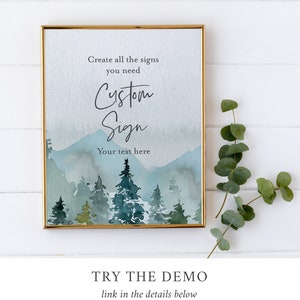 K&ouml;nnte beinhalten: Ein goldfarbener gerahmter Druck mit einem Aquarellbild einer nebeligen Waldszene. Der Text "Create all the signs you need Custom Sign Your text here" ist auf dem Druck abgebildet.