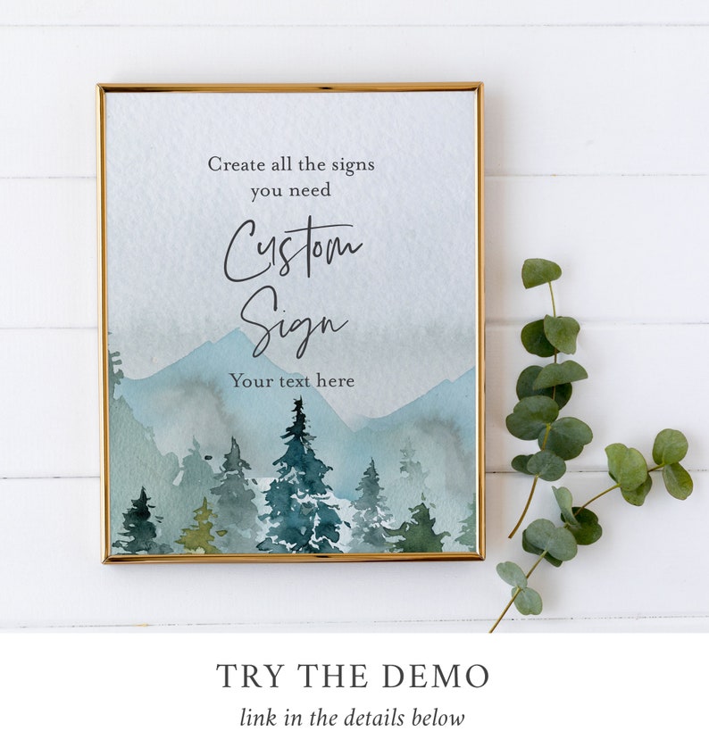 K&ouml;nnte beinhalten: Ein goldfarbener gerahmter Druck mit einem Aquarellbild einer nebeligen Waldszene. Der Text "Create all the signs you need Custom Sign Your text here" ist auf dem Druck abgebildet.
