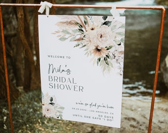 Boho Shower Welcome Sign Sage, Sage Bridal Shower Welcome Poster, Pampas Grass Bridal Shower Signage Modern, Editable Sign Template 591-A