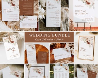 Pampas Grass Wedding Invite Set QR Code RSVP, Boho Terracotta Wedding Bundle, Bohemian Wedding Invitation Set Editable Bundle Template 590-A