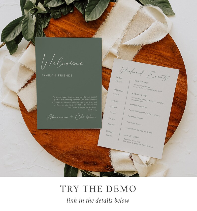 Sage Green Modern Editable Welcome Bag Letter Itinerary, Minimal Wedding Timeline, Printable Order of Events Template Instant Download 580-A image 3