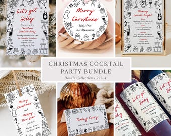 Printable Holiday Drinks Party Pack, Hand Drawn Christmas Cocktail Party Bundle Doodle Christmas Drinks Invite Set, Editable Template, 222-A