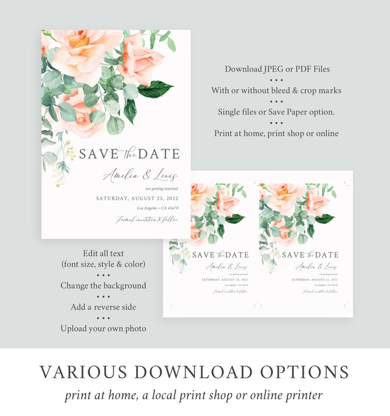 Peach Greenery Printable Save our Date DIY Template Eucalyptus Date Card Instant Download 551-A Peach Floral Editable Save the Date Roses