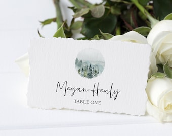 Forest Seating Card Template Mountains Editable Place Cards Woodland Name Cards, Rustic Name Card Outdoor Wedding Place Card Printable 531-A