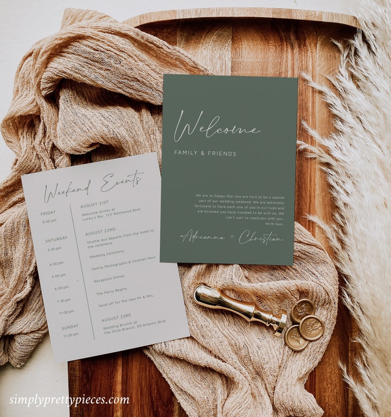 Sage Green Modern Editable Welcome Bag Letter Itinerary, Minimal Wedding Timeline, Printable Order of Events Template Instant Download 580-A image 1
