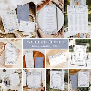 Dusty Blue Wildflower Wedding Bundle Floral Wedding Pack Wildflower Wedding Invitation Set, Wedding Stationery Kit, Editable Template 509-A