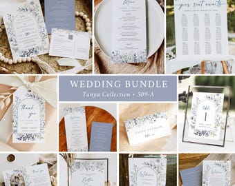 Floral Wedding Pack Wildflower Wedding Invitation Set, Dusty Blue Wildflower Wedding Bundle Wedding Stationery Kit, Editable Template 509-A