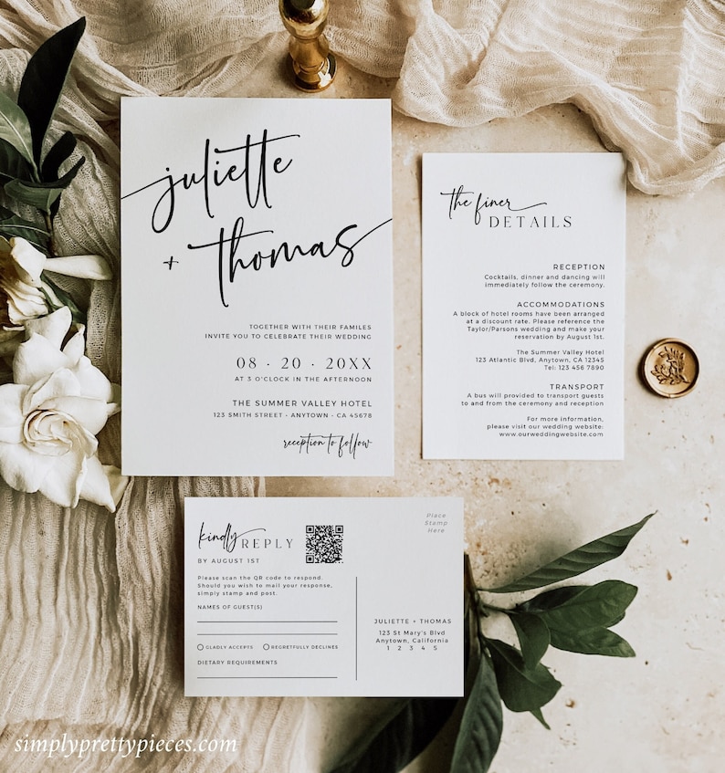 Modern wedding invitation set with QR code RSVP