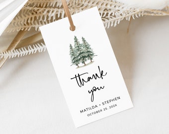 Editable Rustic Pine Favor Tags, Printable Winter Forest Favor Tags, Wedding Gift Tag, Minimal Woodland DIY Template, Instant Download 588-A