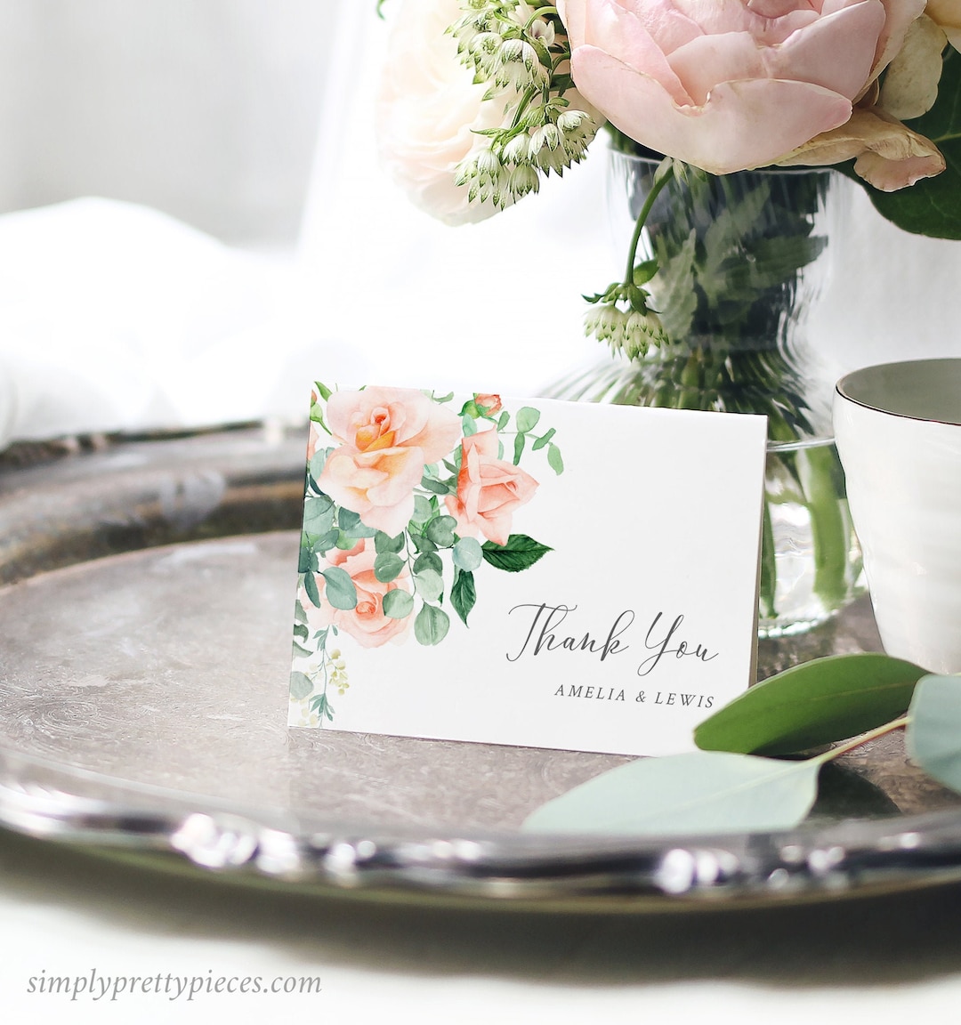 Peach Floral Editable Thank You Cards, Printable Peach Rose Thank You ...