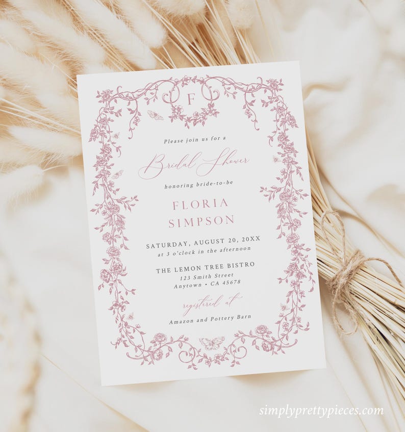 May include: A pink floral design wedding shower invitation with the text "Please join us for a Bridal Shower honoring bride-to-be Floria Simpson. Saturday, August 20, 20XX at 3 o'clock in the afternoon. The Lemon Tree Bistro 123 Smith Street Anytown, CA 45678 Registered at Amazon and Pottery Barn."